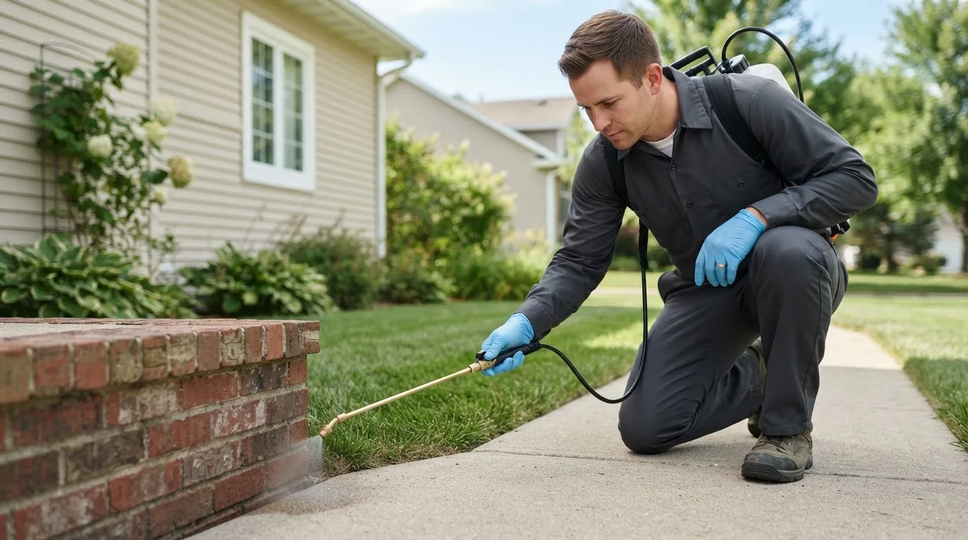 Pest control technician treating a home near Stella, NE